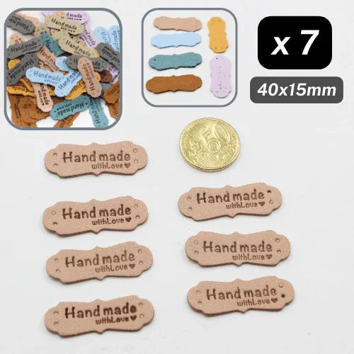 Set of 7 Fake Suede Labels - Peanut Shape - tagged "Handmade with ♥" - size40x15mm (Sew-on) - ACCESSOIRES LEDUC BV