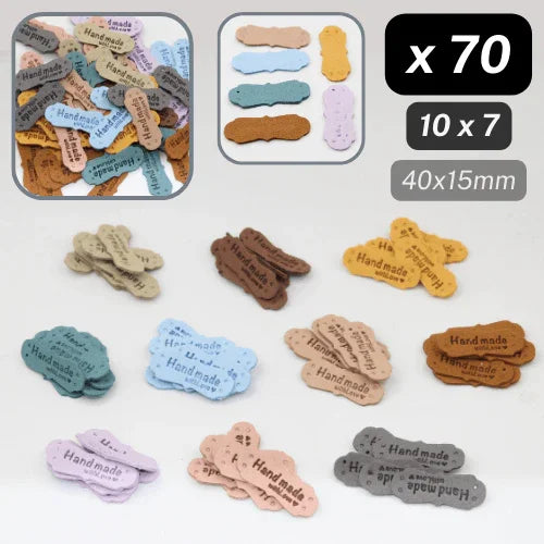 Set of 7 Fake Suede Labels - Peanut Shape - tagged "Handmade with ♥" - size40x15mm (Sew-on) - ACCESSOIRES LEDUC BV