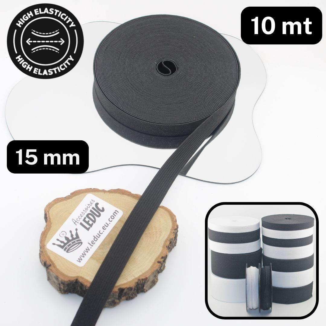 10 meters High Elasticity - High Tension Elastic Black or White available in sizes 10/15/20/25/30/40 or 60mm - ACCESSOIRES LEDUC BV