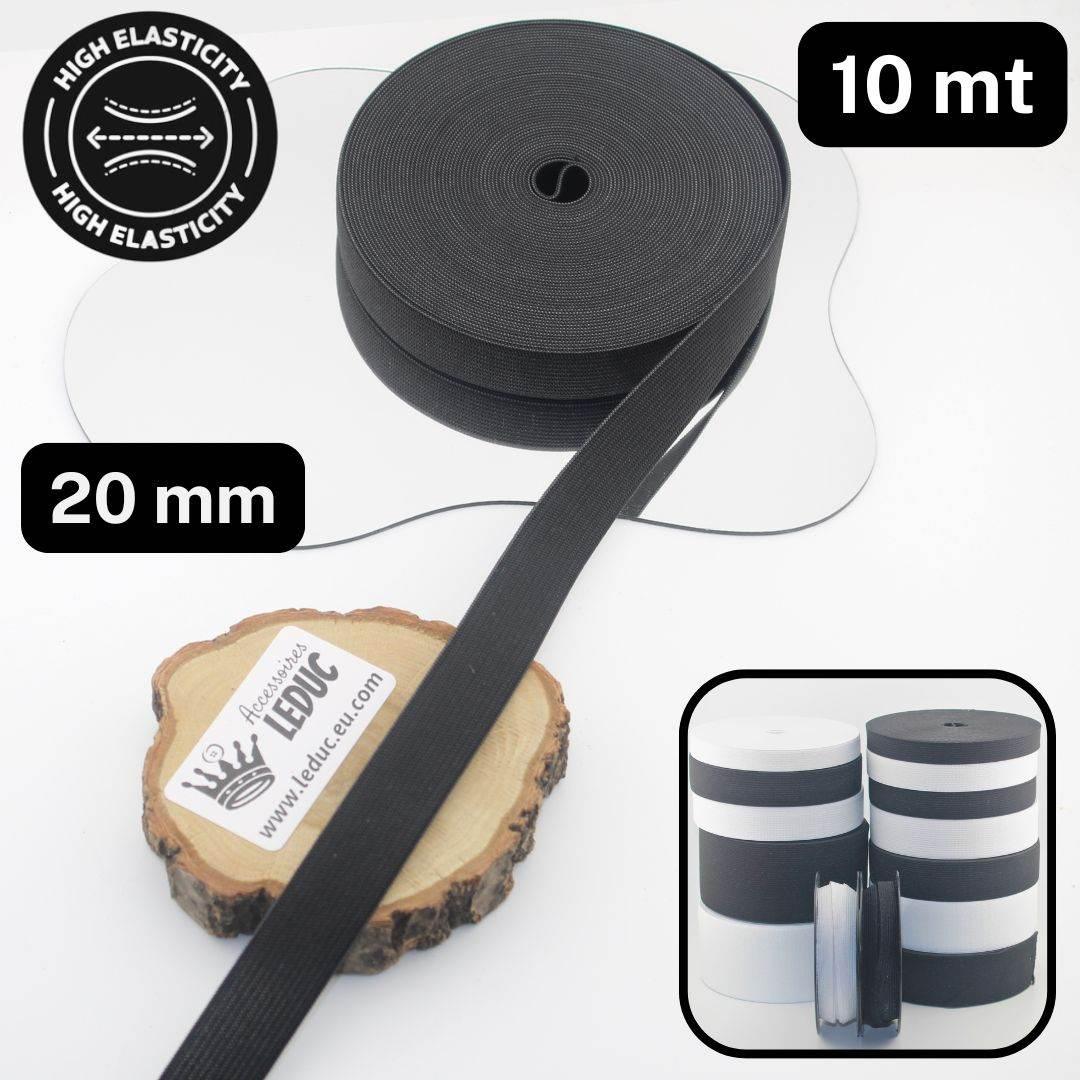 10 meters High Elasticity - High Tension Elastic Black or White available in sizes 10/15/20/25/30/40 or 60mm - ACCESSOIRES LEDUC BV