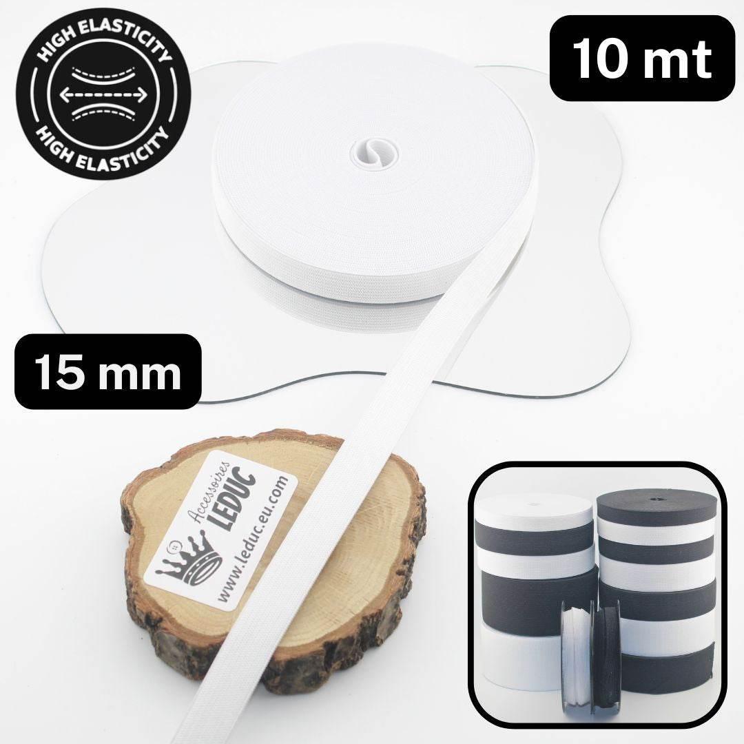 10 meters High Elasticity - High Tension Elastic Black or White available in sizes 10/15/20/25/30/40 or 60mm - ACCESSOIRES LEDUC BV
