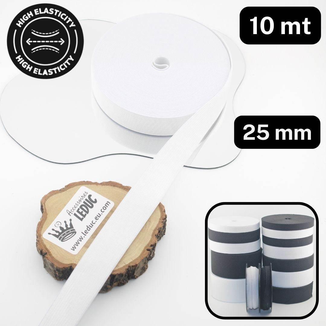 10 meters High Elasticity - High Tension Elastic Black or White available in sizes 10/15/20/25/30/40 or 60mm - ACCESSOIRES LEDUC BV