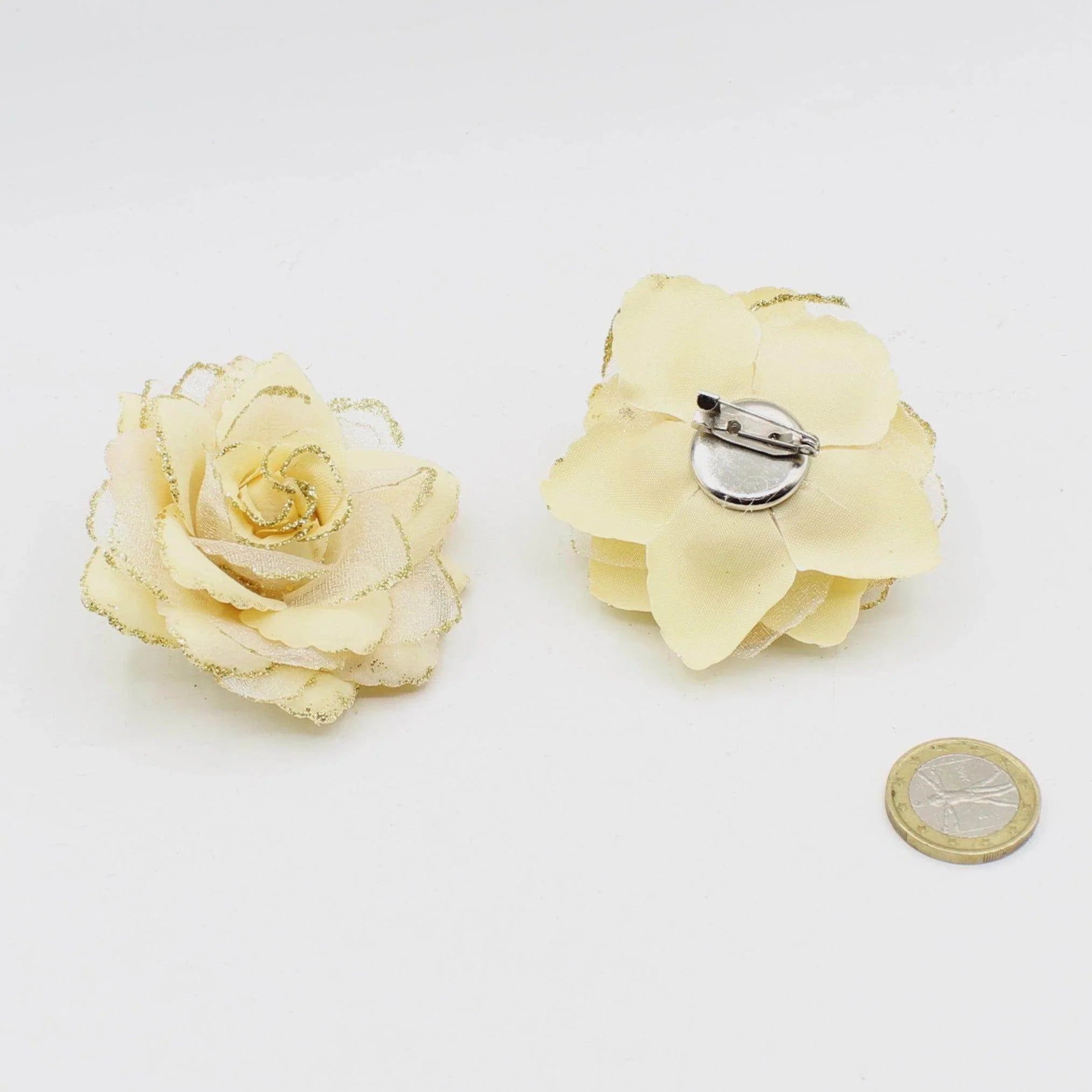 2 Floral Corsages in Tulle and Satin with Safety Pin, 6cm, Blue or Beige Color with Glitter - ACCESSOIRES LEDUC BV