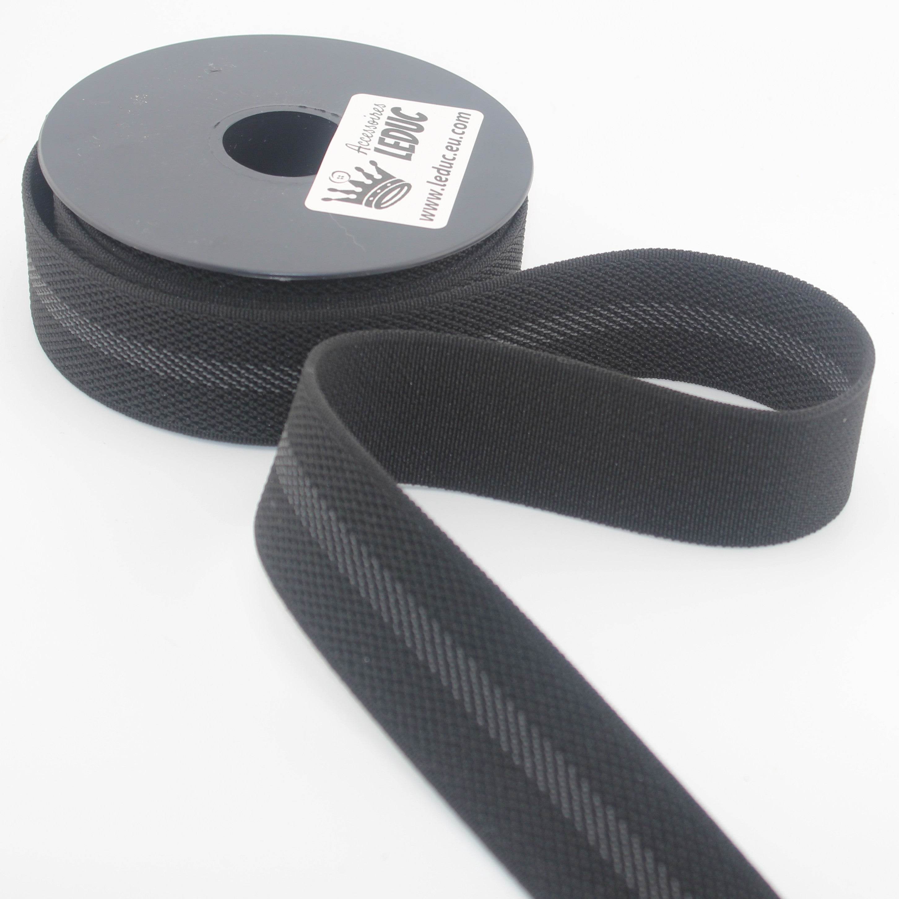 5 meters 35mm Strong Elastic Webbing (Black with Grey Stripe) - Elasticity +/- 5% - ACCESSOIRES LEDUC BV