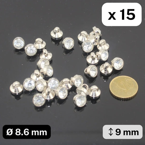 15 Pieces Crystal+ Metallized Nylon Buttons Silver Rim Insert Crystal Size 9mm #KCQ502014 - ACCESSOIRES LEDUC BV