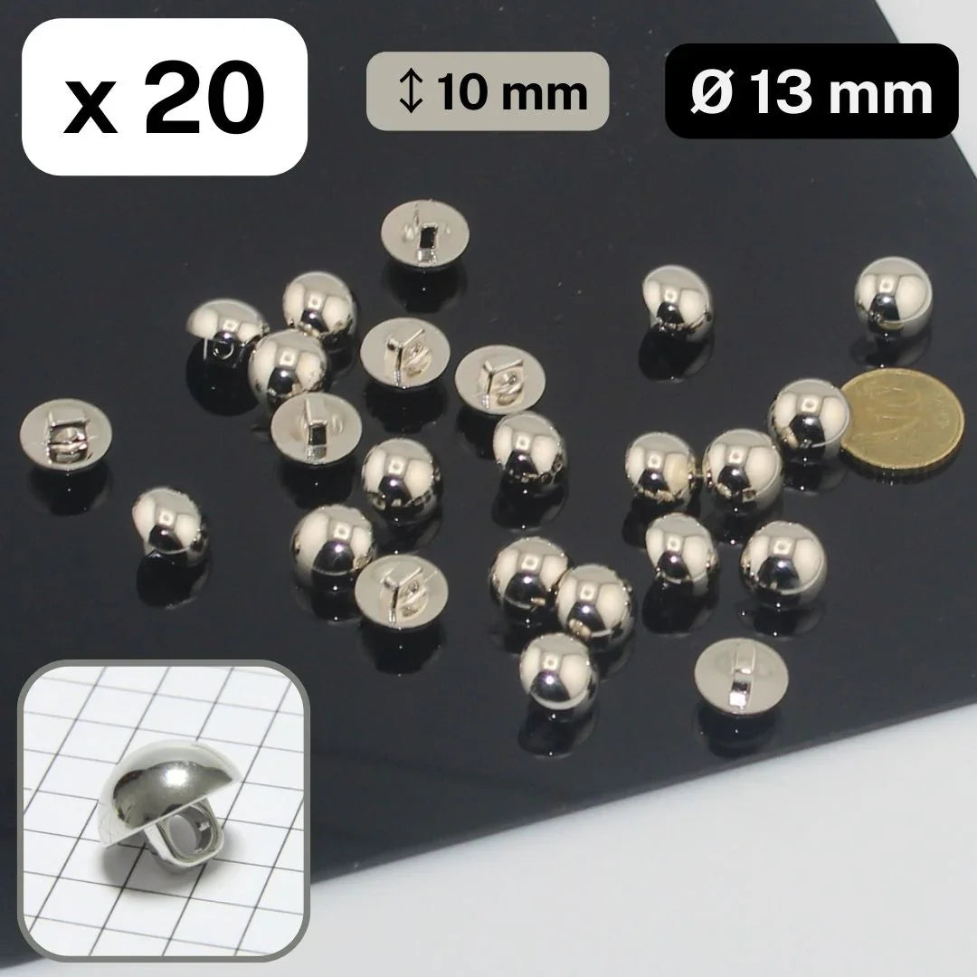 20 Pieces Silver Nylon Metalized HalfBall Shank Buttons Size 13MM #KMQ500520 - ACCESSOIRES LEDUC BV