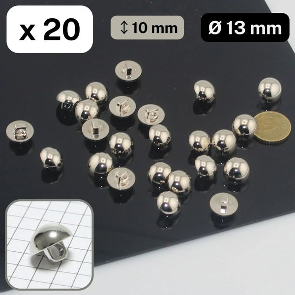 20 Pieces Silver Nylon Metalized HalfBall Shank Buttons Size 13MM #KMQ500520 - ACCESSOIRES LEDUC BV