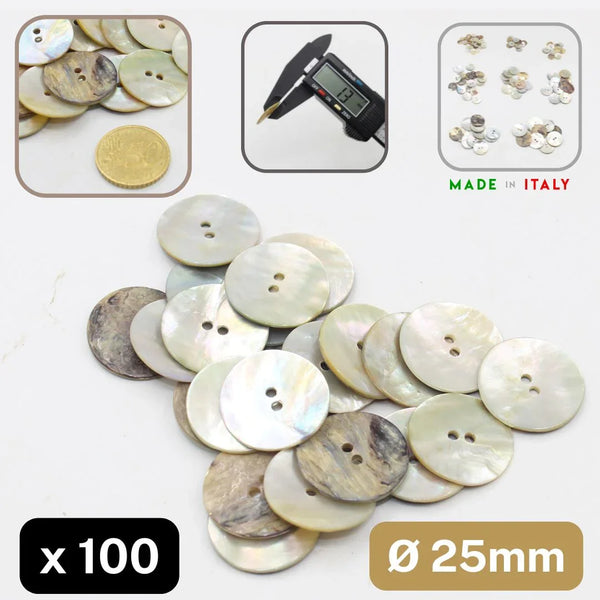 Lot de 100 boutons nacre 2 trous 25 mm pour couture ACCESSOIRES LEDUC, fabriqués en Italie