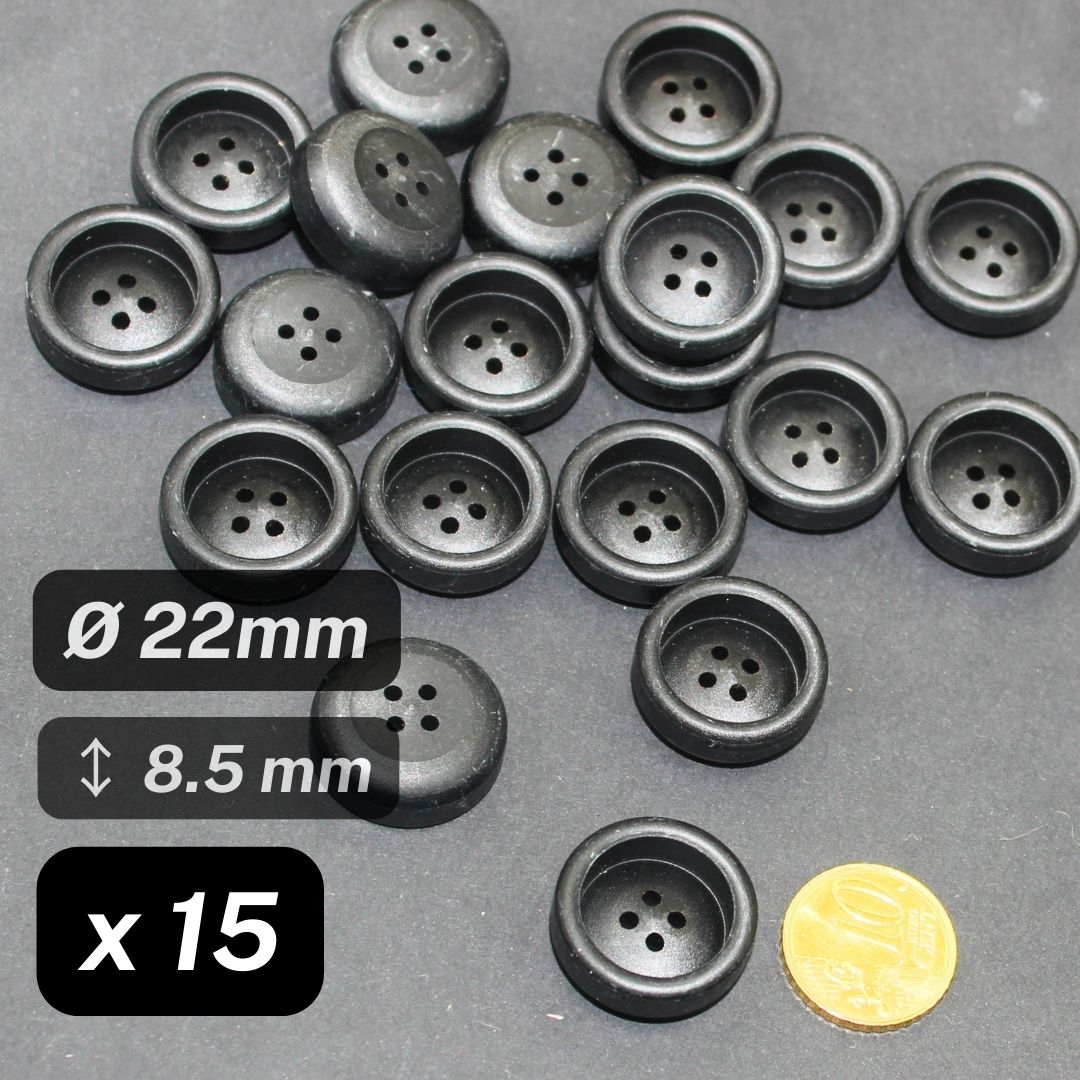 15 Pieces Thick Black Galalite Buttons 4 Holes size 22MM #KG4500336