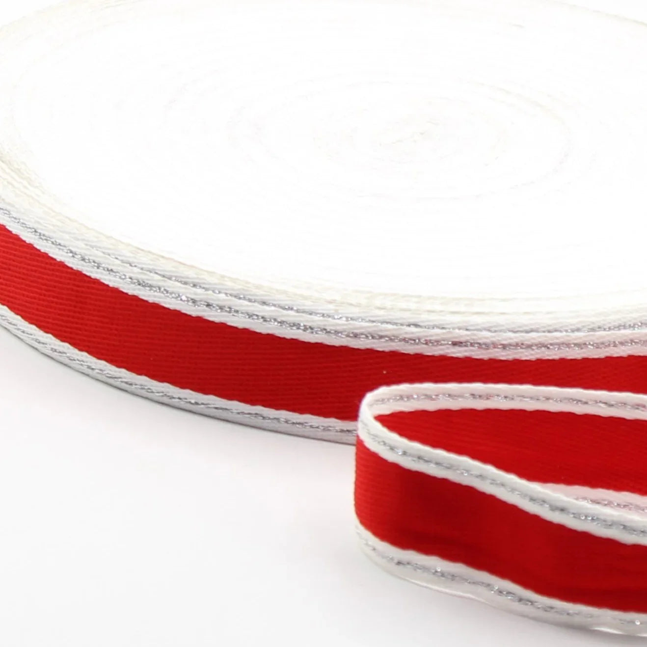 10 METERS - 25mm White Silver Lurex Red Striped Gros Grain - ACCESSOIRES LEDUC BV