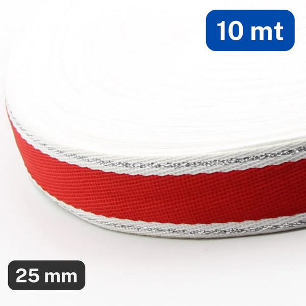 10 METERS - 25mm White Silver Lurex Red Striped Gros Grain - ACCESSOIRES LEDUC BV