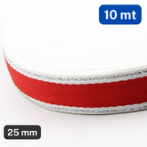 10 METERS - 25mm White Silver Lurex Red Striped Gros Grain