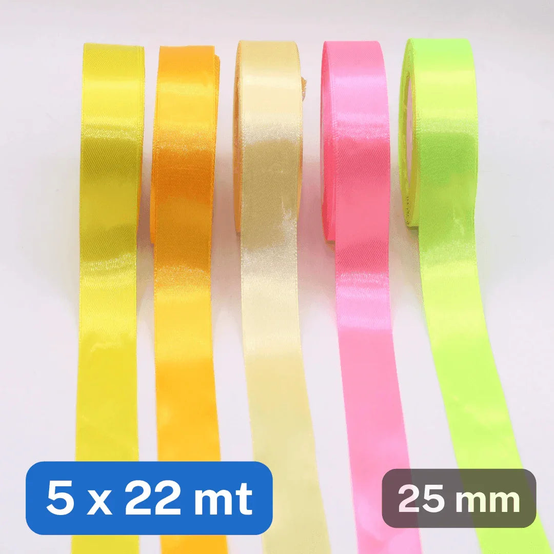 Set of 5x22 meters Single Sided Satin Tapes 6, 12, or 25mm, 5 different colours per set - ACCESSOIRES LEDUC BV