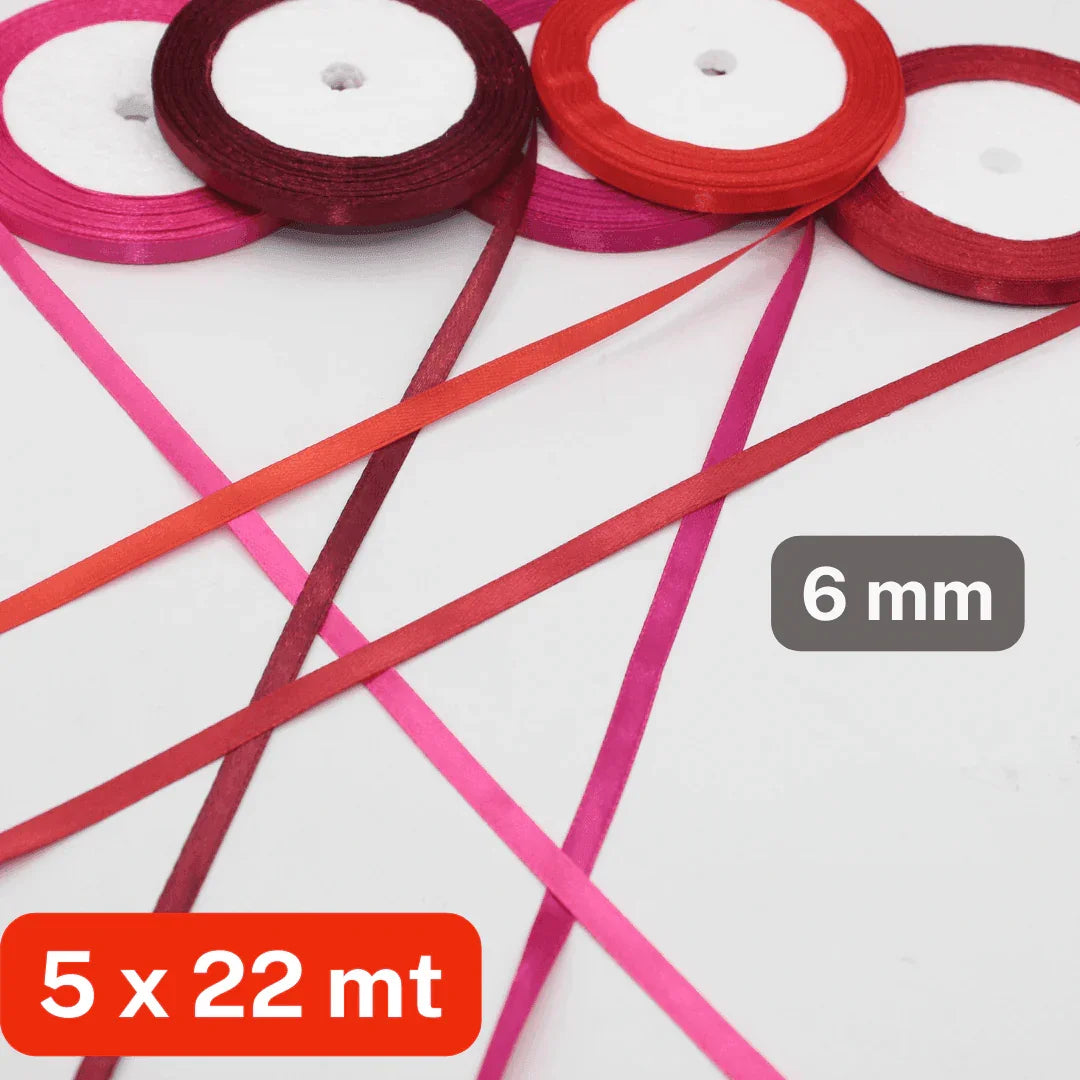 Set of 5x22 meters Single Sided Satin Tapes 6, 12, or 25mm, 5 different colours per set - ACCESSOIRES LEDUC BV