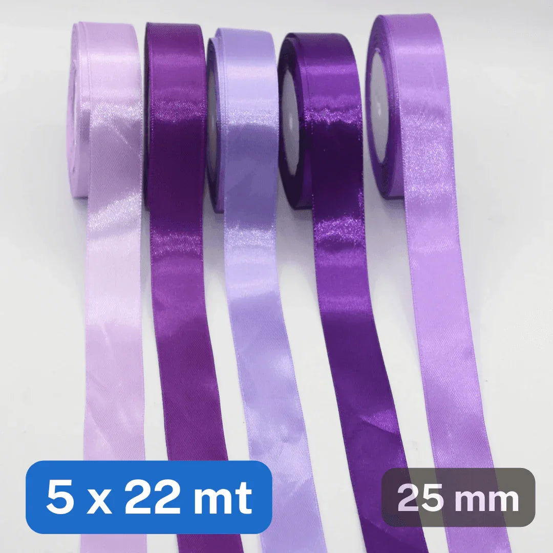 Set of 5x22 meters Single Sided Satin Tapes 6, 12, or 25mm, 5 different colours per set - ACCESSOIRES LEDUC BV