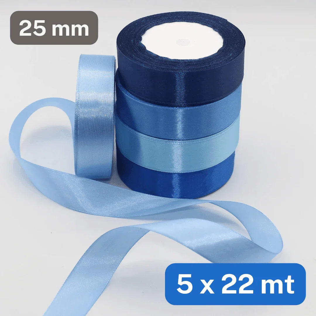 Set of 5x22 meters Single Sided Satin Tapes 6, 12, or 25mm, 5 different colours per set - ACCESSOIRES LEDUC BV