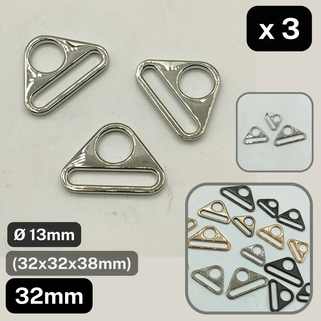 Set of 3 Triangle Buckles with Hole #BMEx060 available in 32mm, 38mm or 50mm in Silver, Pink Gold, Gold, Oldbrass, Gunmetal or Black - ACCESSOIRES LEDUC BV