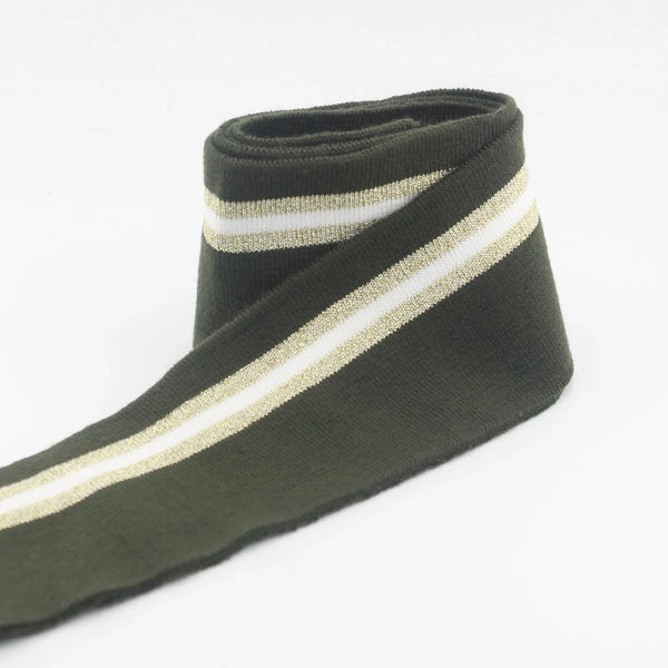 TIS1534 6cmx90cm Khaki Ribbing with White and Gold Stripes - ACCESSOIRES LEDUC BV
