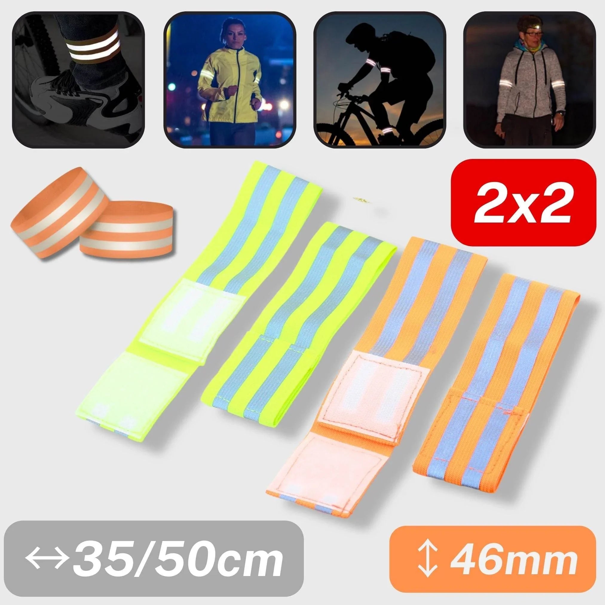 Set of 2 pairs of Armbands / Trouser Straps for biking / bike / Bicycle - Neon Yellow + Neon Orange, with Self relective stripes - ACCESSOIRES LEDUC BV