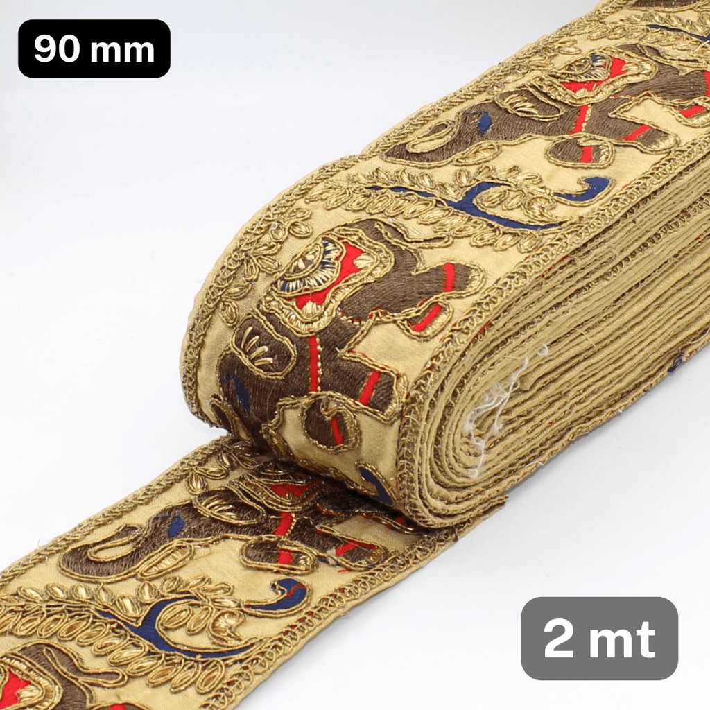 2 meters of Brown Elephant Trim, Embroidered Elephant Border, Royal Indian Lace, Floral Sari and Elephant Trim 90mm-ACCESSOIRES LEDUC