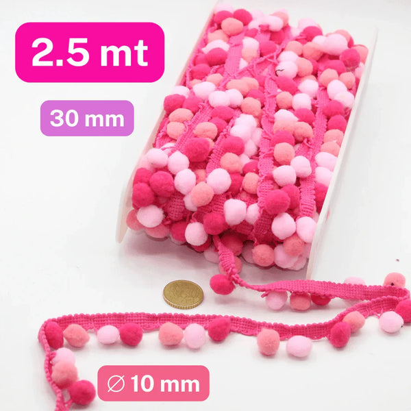 2.5 meter of Pink Pom Pom (10mm) Trim, Fabric Sewing Accessories, PomPom decoration,Tassel Ball Fringe Ribbon 30mm - ACCESSOIRES LEDUC BV