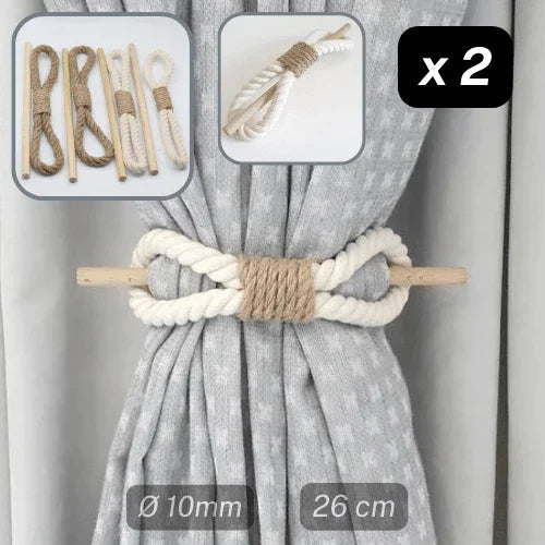 1 pair (2 pieces - suitable for 1 or 2 window(s)) Natural Looking Fancy Tie Back (with Cord Part and a Wooden Stick) #EMB09 - ACCESSOIRES LEDUC BV