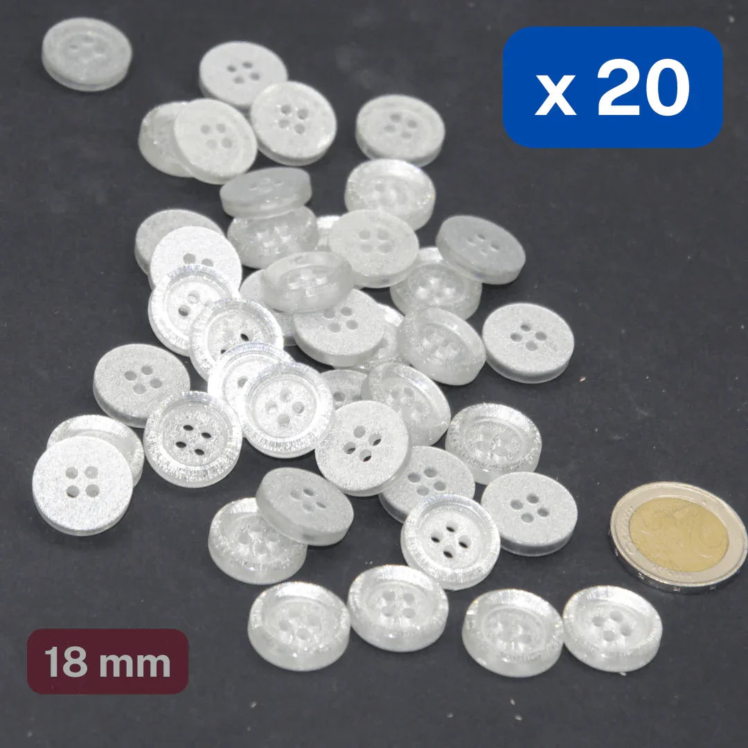 20 Pieces Thick Shiny Glitter Polyester Buttons 4 Holes Size 18mm #KP4501128 - ACCESSOIRES LEDUC BV