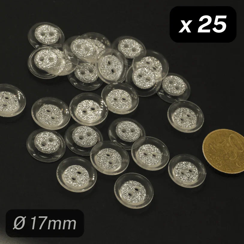 25 Pieces Transparent/Silver Polyester Buttons Size 17mm #KP2500628 - ACCESSOIRES LEDUC BV