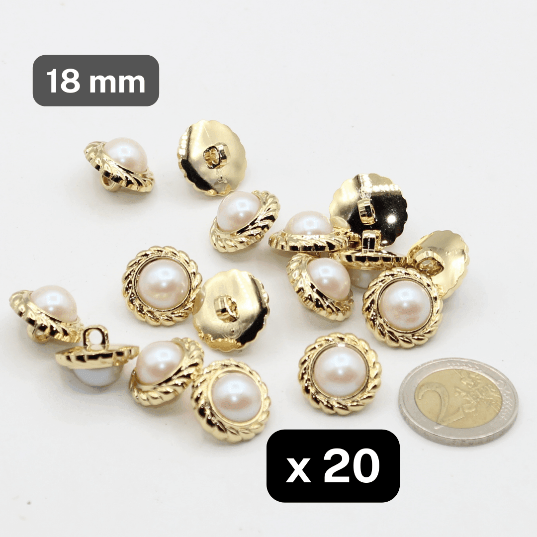 20 Pieces White and Gold Button Inside Imitation Pearl Large Gold Rim size 18mm #KCQ500028 - ACCESSOIRES LEDUC BV