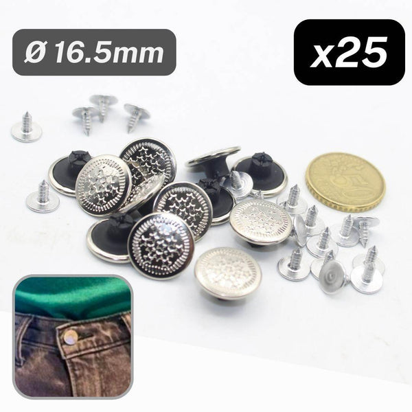 25 Pieces Silver Jeans Buttons size 16,5mm + nail, 4 different designs available, ref #KJE5000/16,5mm - ACCESSOIRES LEDUC BV
