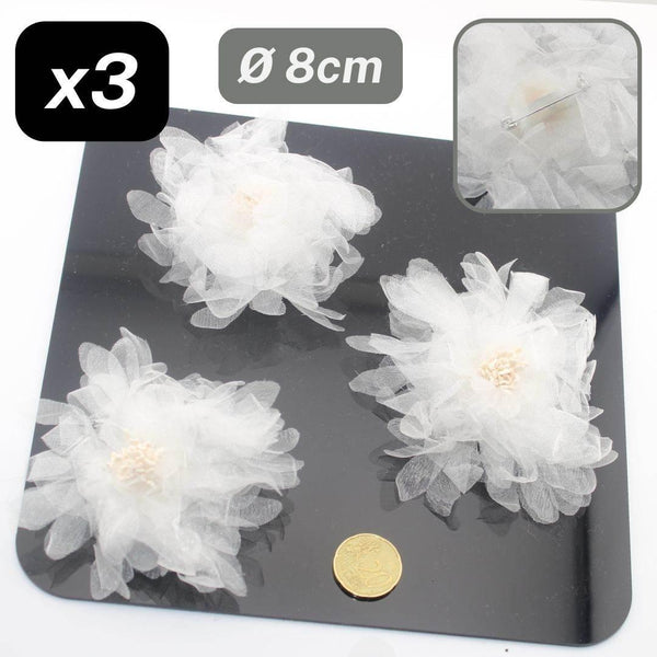 Set of 3 White Organza Flowers Brooches/Corsages with Safety Pin - ACCESSOIRES LEDUC BV