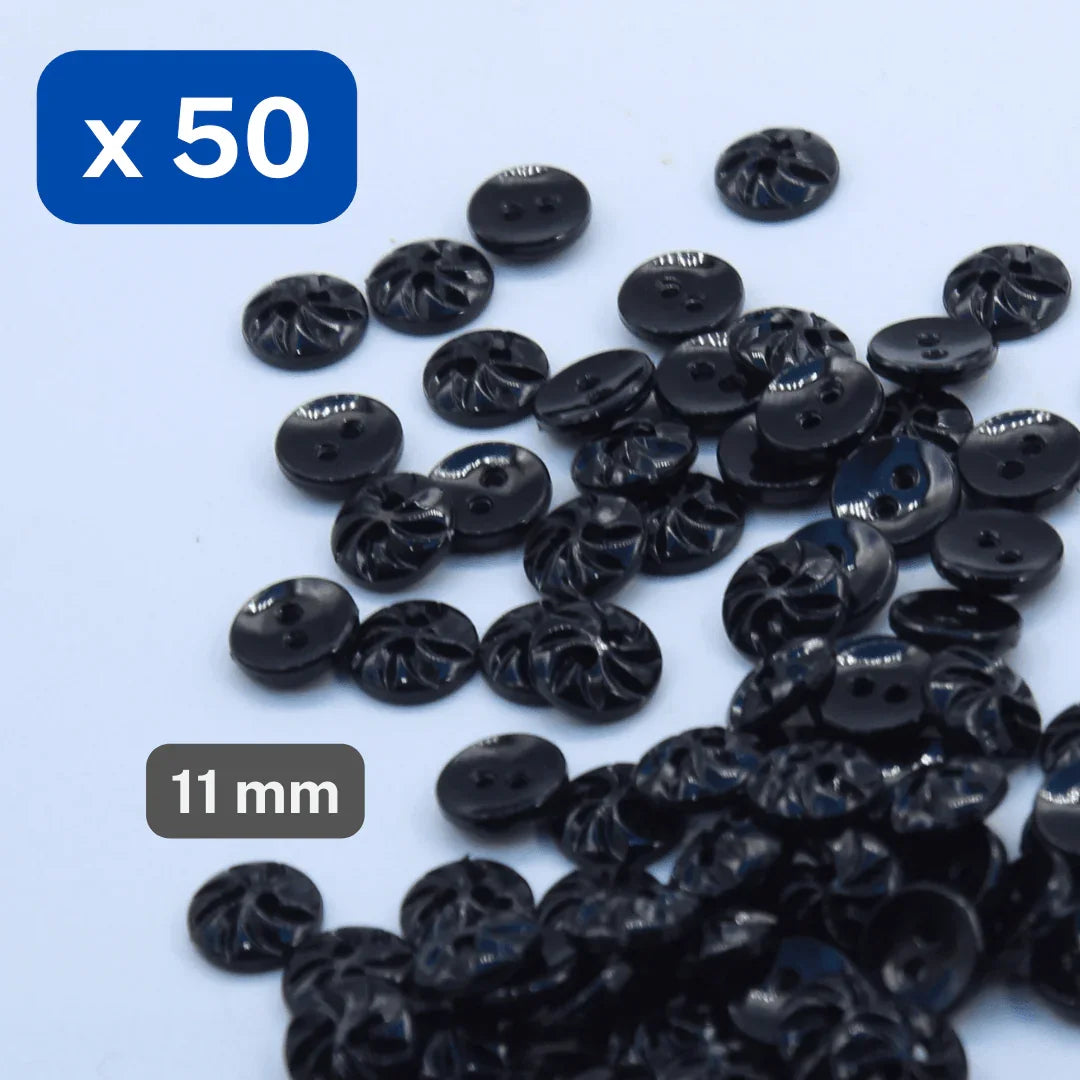 50 Pieces Black Nylon Buttons 2 Holes Size 11MM #KN2500218 - ACCESSOIRES LEDUC BV