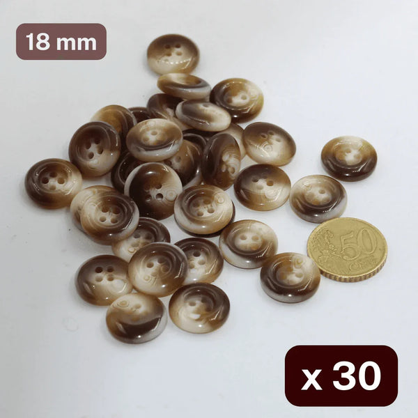 30 Pieces Thick Brown/Beige Polyester Buttons 4 Holes Size 18mm #KP4500228 - ACCESSOIRES LEDUC BV