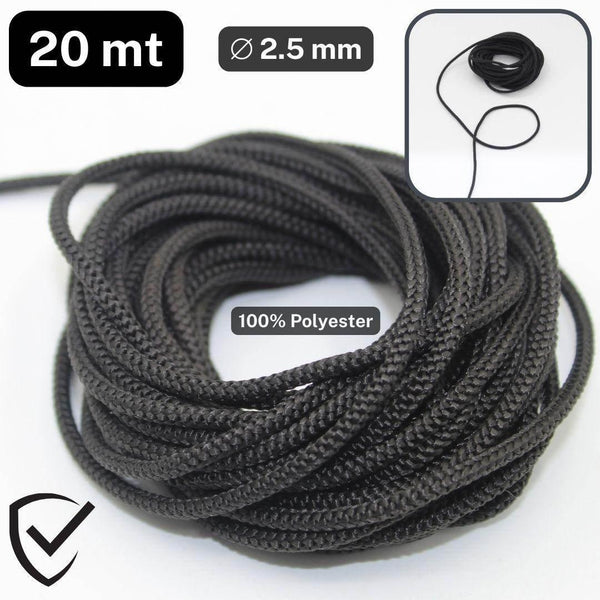 20 meters 2.5mm Black Super Strong Polyester Cord - ACCESSOIRES LEDUC BV