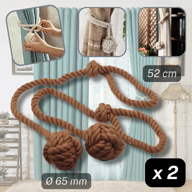1 pair (2 pieces - suitable for 1 or 2 window(s)) Fancy Cotton Tie-Backs for Curtains - Made with a Cord and a Ball #EMB04 - ACCESSOIRES LEDUC BV