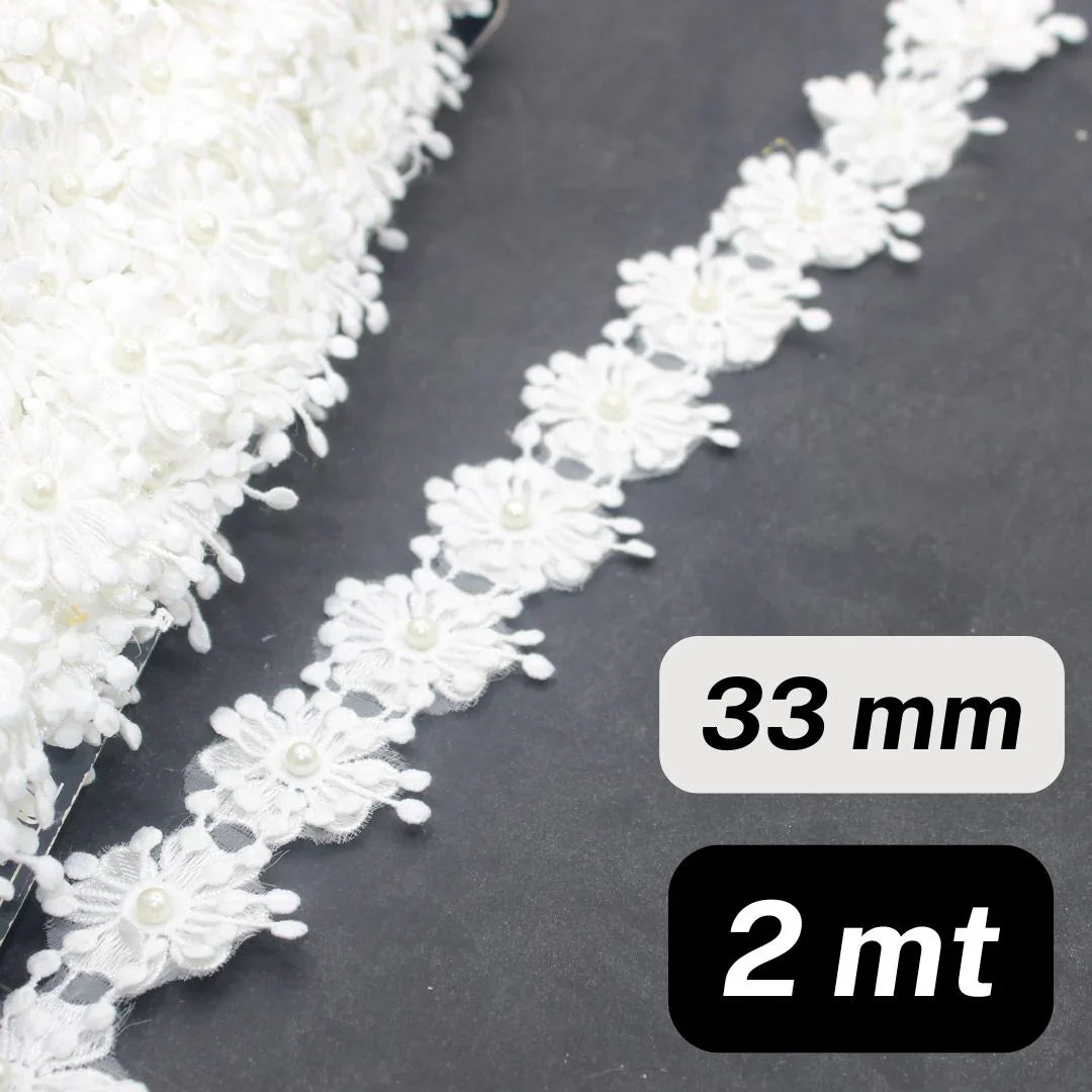 2 meters 33mm White Floral Lace with Pearls - ACCESSOIRES LEDUC BV