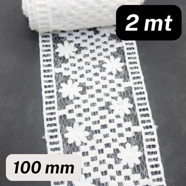 2 meters Lace with Zig Zag & Floral designs 100mm available in Black or White - ACCESSOIRES LEDUC BV