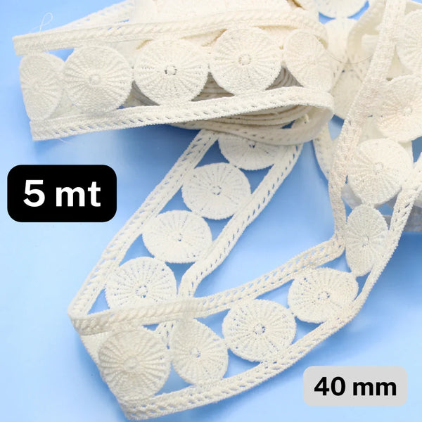 5 meters Ecru Circle Shape Lace in Cotton 40mm Wide - ACCESSOIRES LEDUC BV