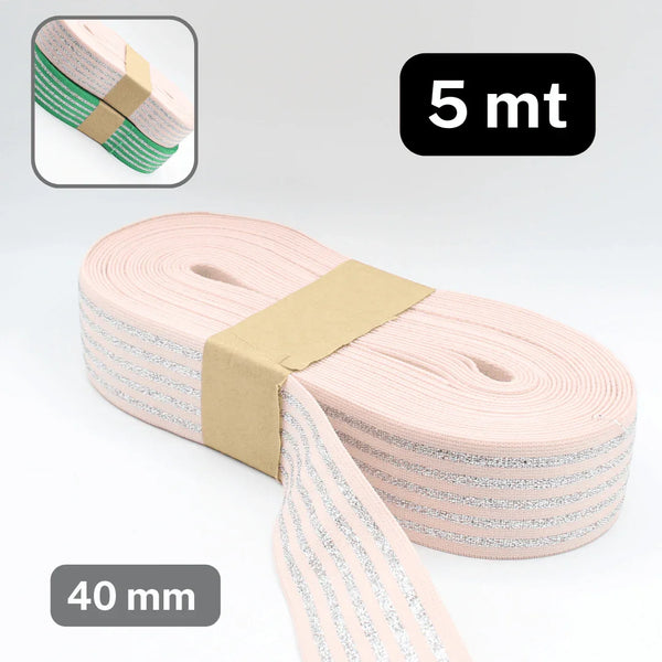5 meters Elastic Lurex Band with Silver Stripes-40mm - ACCESSOIRES LEDUC BV