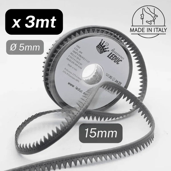 3 meters Simili Leather Grey Piping, with Teeth, Diameter 5mm / 15mm - Made in Italy - ACCESSOIRES LEDUC BV