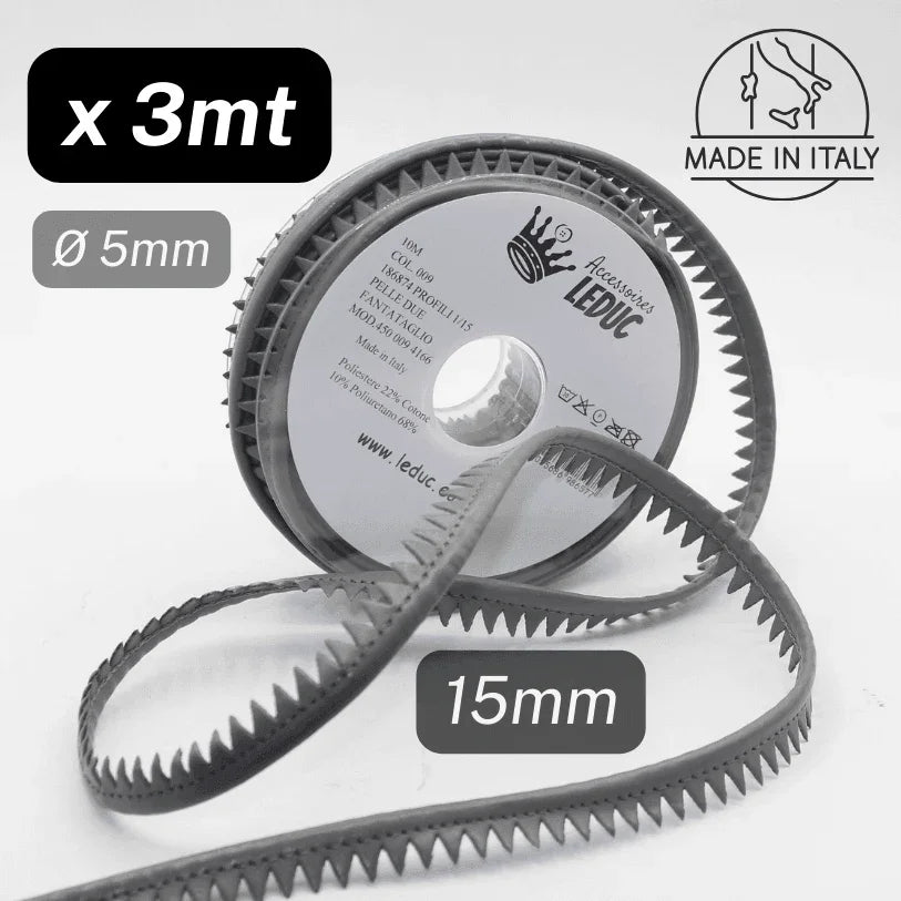 3 meters Simili Leather Grey Piping, with Teeth, Diameter 5mm / 15mm - Made in Italy - ACCESSOIRES LEDUC BV