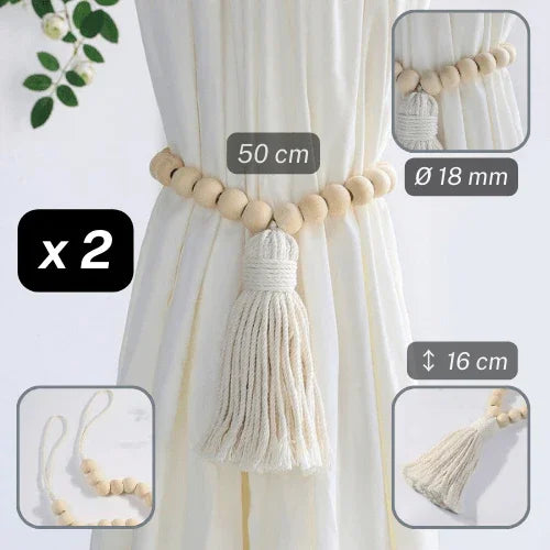 1 pair (2 pieces - suitable for 1 or 2 window(s)) Elegant Wood & Cotton Tassel Tie-Back, Natural Colours #EMB10 - ACCESSOIRES LEDUC BV