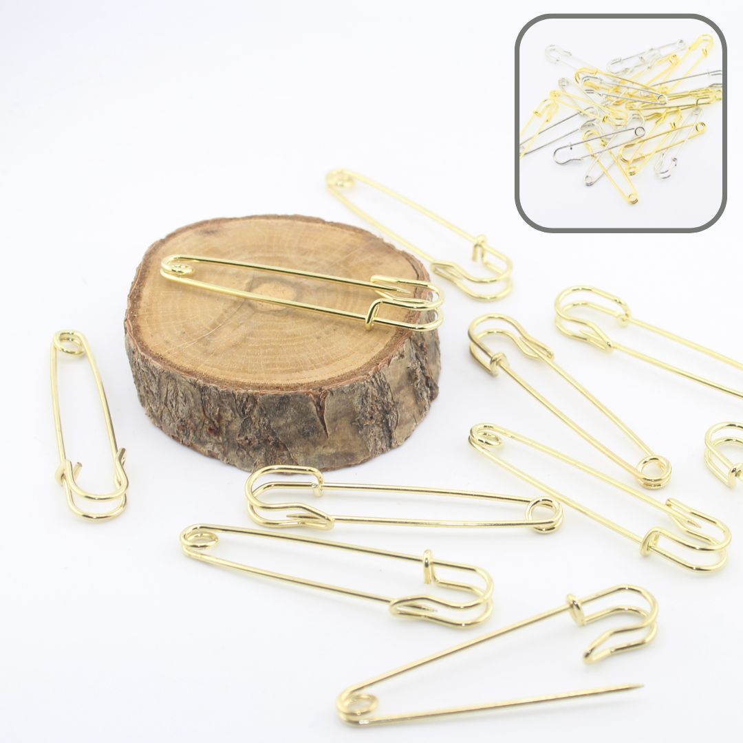 8cm Extra Large Safety Pins (76mm) , available in Gold or Silver. Sold by 1 or 10 pieces, Kilt Pins