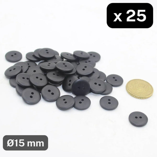 25 Pieces Matt Black Polyester Buttons 2 Holes Size 15mm #KP2501424 - ACCESSOIRES LEDUC BV
