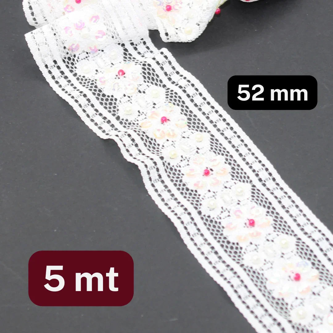 5 meters Floral Lace OffWhite 52mm , with Small Translucid Sequins and Coral colour Beads - ACCESSOIRES LEDUC BV