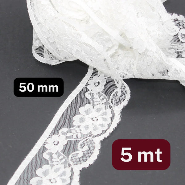5 meters White Floral Lace 50mm - ACCESSOIRES LEDUC BV