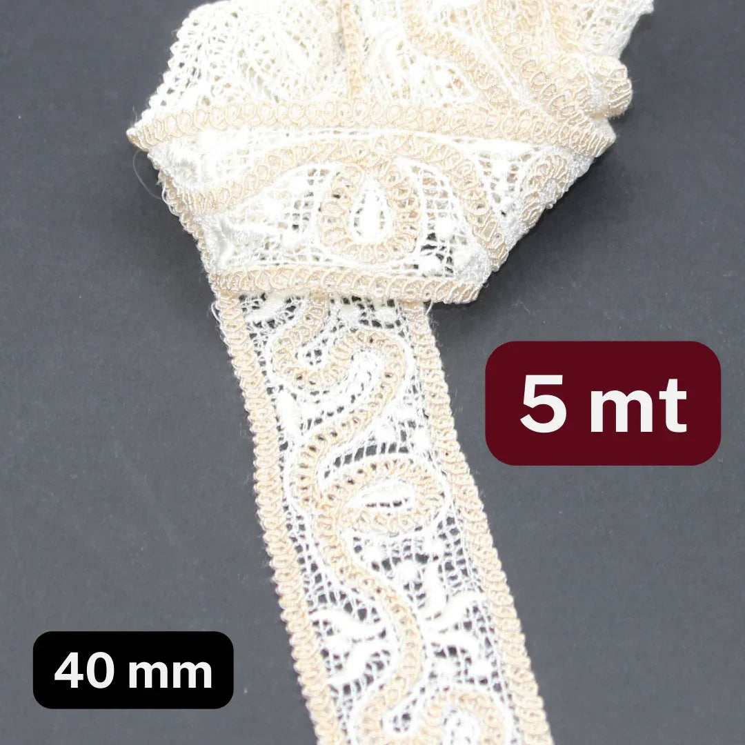 5 meters Ecru and Beige Bicolor Lace in Cotton 40mm - ACCESSOIRES LEDUC BV