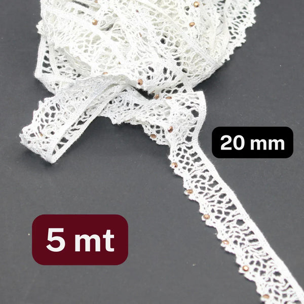 5 meters Cotton Lace White 20mm , with Small Brown Strasses - ACCESSOIRES LEDUC BV