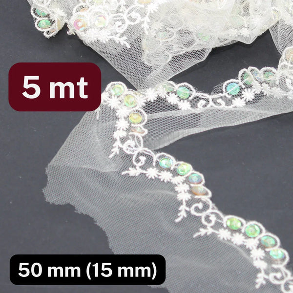 5 meters Lace White 50mm (Design part is 15mm) , with Small Translucid Sequins - ACCESSOIRES LEDUC BV