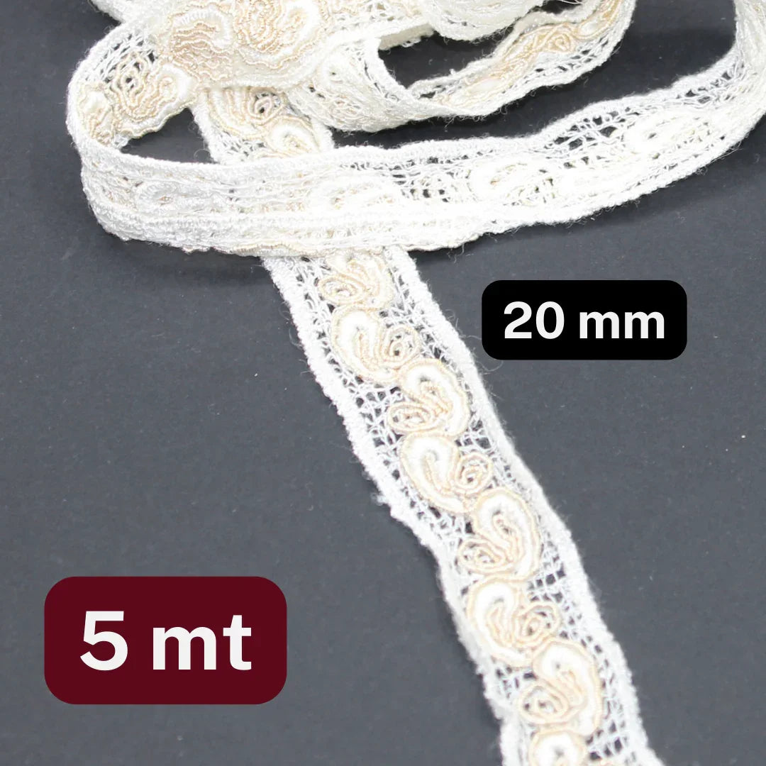 5 meters Offwhite and Beige Bicolor Lace in Cotton 20mm - ACCESSOIRES LEDUC BV